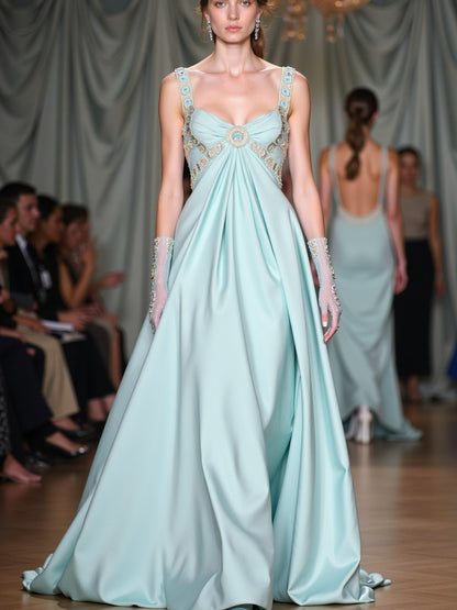 Sleeveless Wide Straps V-Neck A Line Prom Dress With Beads