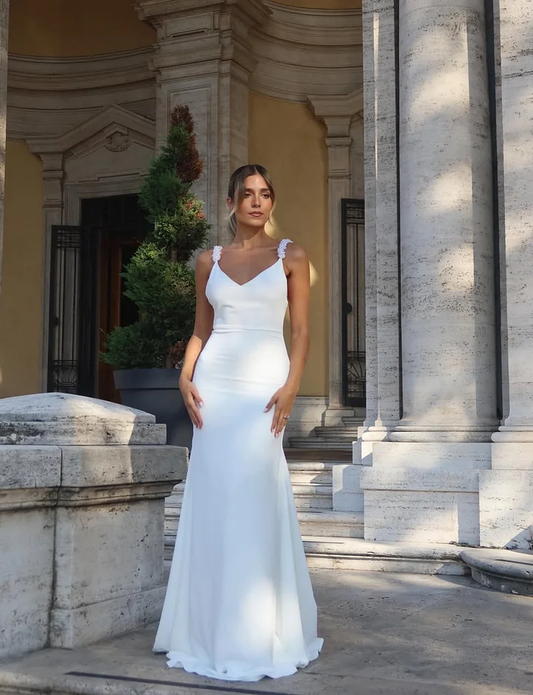 Fitted White Spaghetti-Straps V-Neck Backless Beaded Evening Dress
