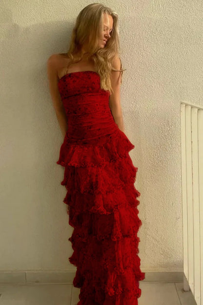 Glamorous Daffodil Sleeveless Strapless Long Evening Dress With Ruffles