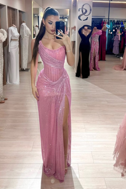 Stunning Purple Strapless Sequins Pleated Sleeveless Prom Dress with Split