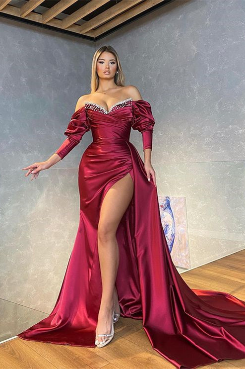 Mermaid Burgundy Long Sleeves Prom Dress Slit