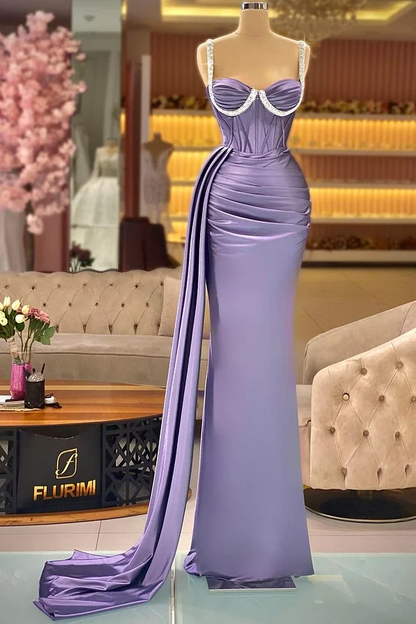 Purple Sleeveless Spaghetti Straps Mermaid Beads Prom Dress