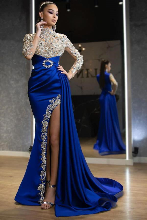 Royal Blue Long Sleeves Split Beadings Mermaid Prom Dress With Ruffles