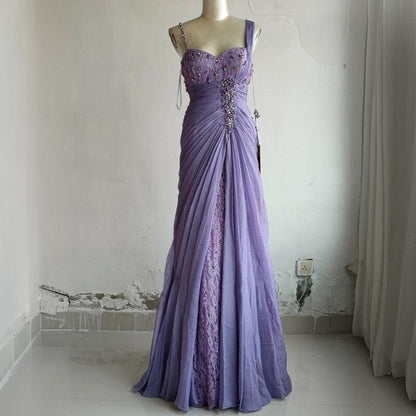 Elegant Purple Sweetheart Beaded Lace Pleated Tulle Long Prom Dress Evening Dress P4718