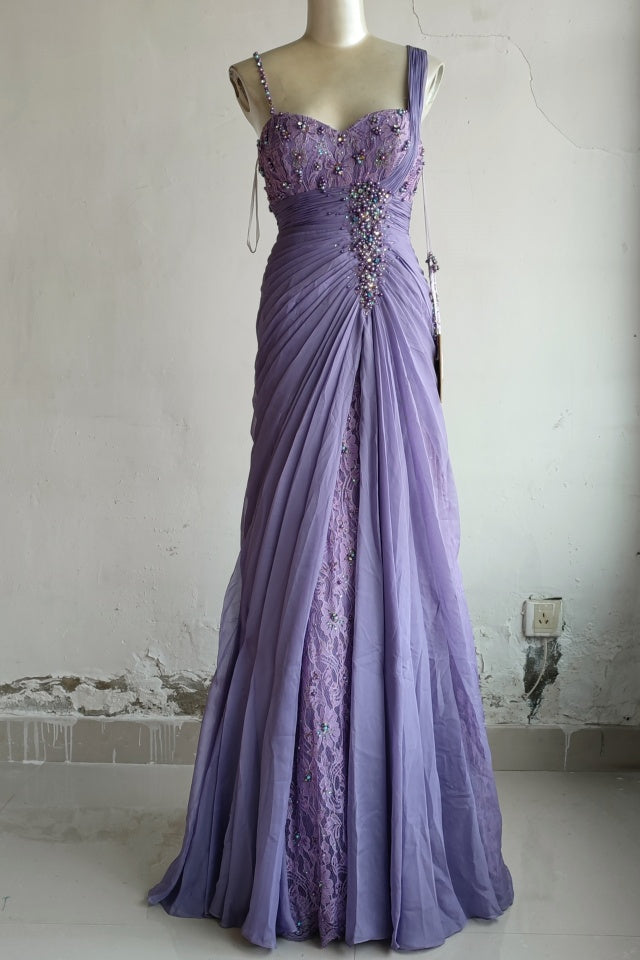 Elegant Purple Sweetheart Beaded Lace Pleated Tulle Long Prom Dress Evening Dress P4718