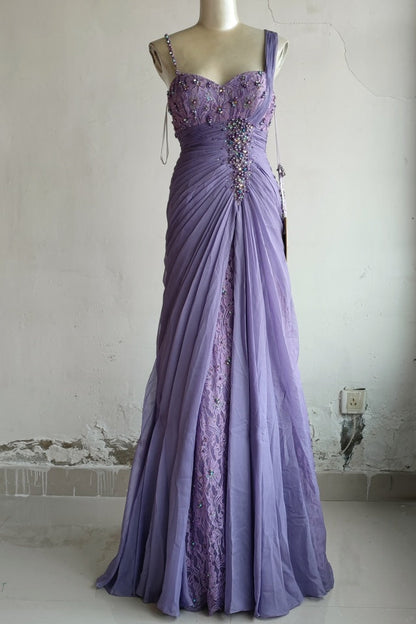 Elegant Purple Sweetheart Beaded Lace Pleated Tulle Long Prom Dress Evening Dress P4718