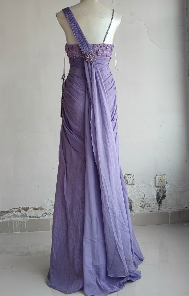 Elegant Purple Sweetheart Beaded Lace Pleated Tulle Long Prom Dress Evening Dress P4718