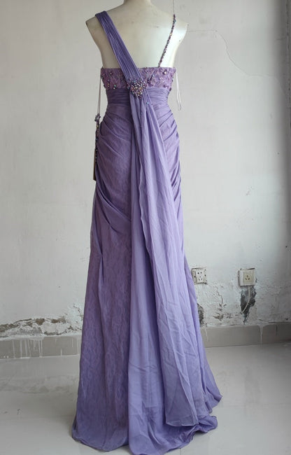 Elegant Purple Sweetheart Beaded Lace Pleated Tulle Long Prom Dress Evening Dress P4718