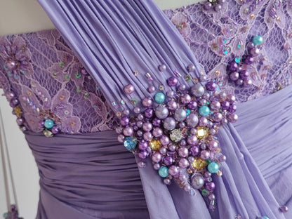 Elegant Purple Sweetheart Beaded Lace Pleated Tulle Long Prom Dress Evening Dress P4718