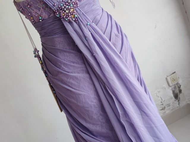Elegant Purple Sweetheart Beaded Lace Pleated Tulle Long Prom Dress Evening Dress P4718