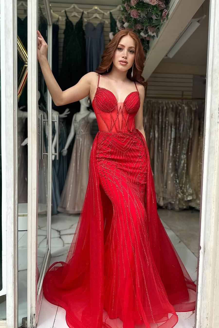 Elegant Red Sequins Spaghtti Strap Sleeveless Sweetheart Prom Dress with Detachable Train