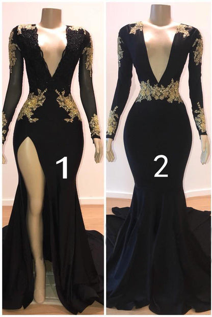 Long Sleeves Black Prom Dress With Gold Appliques