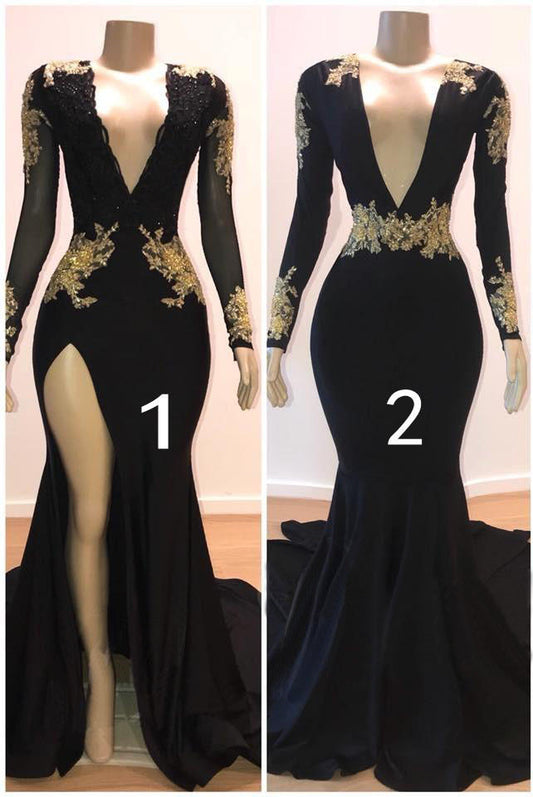 Long Sleeves Black Prom Dress With Gold Appliques
