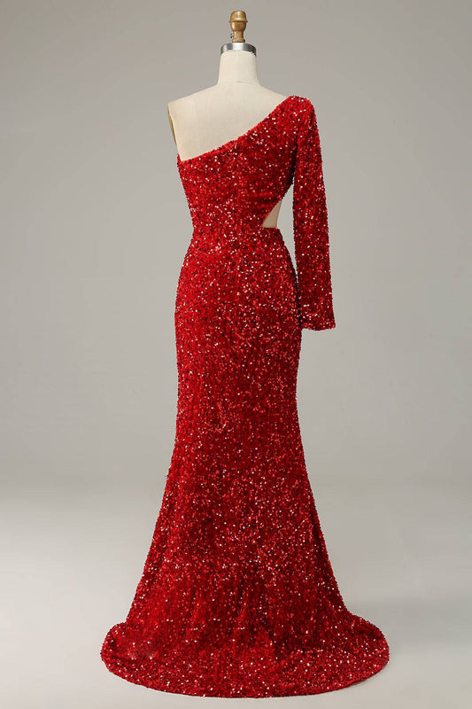 Illusion Empire One Shoulder Sequin Mermaid Prom Dress
