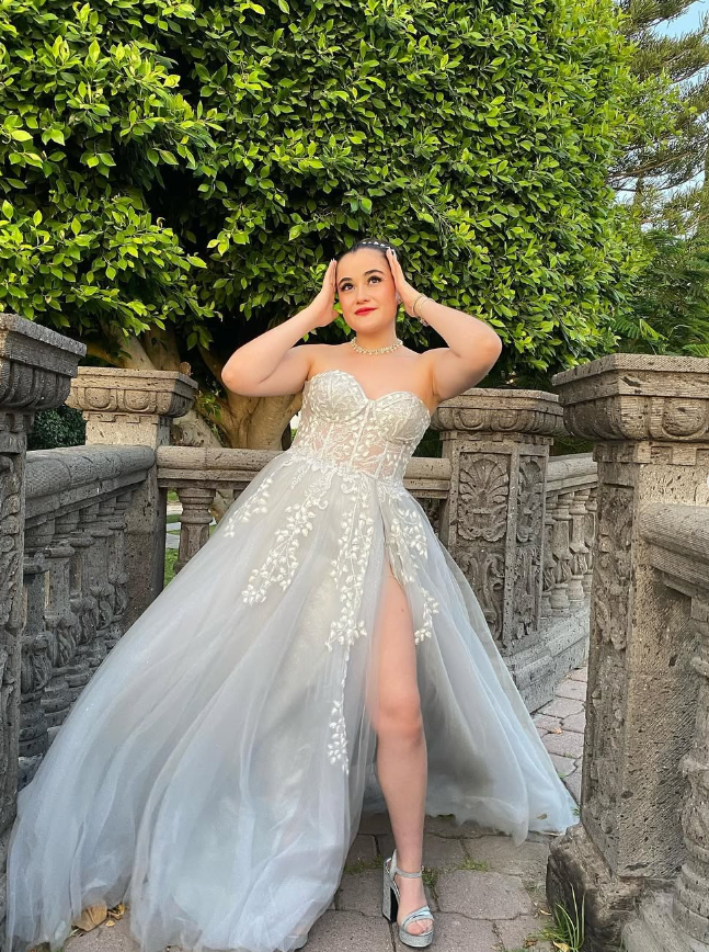 Elegant A Line Sweetheart Neck Corset Appliques Light Grey Tulle Prom Dress Evening Dress SH2282