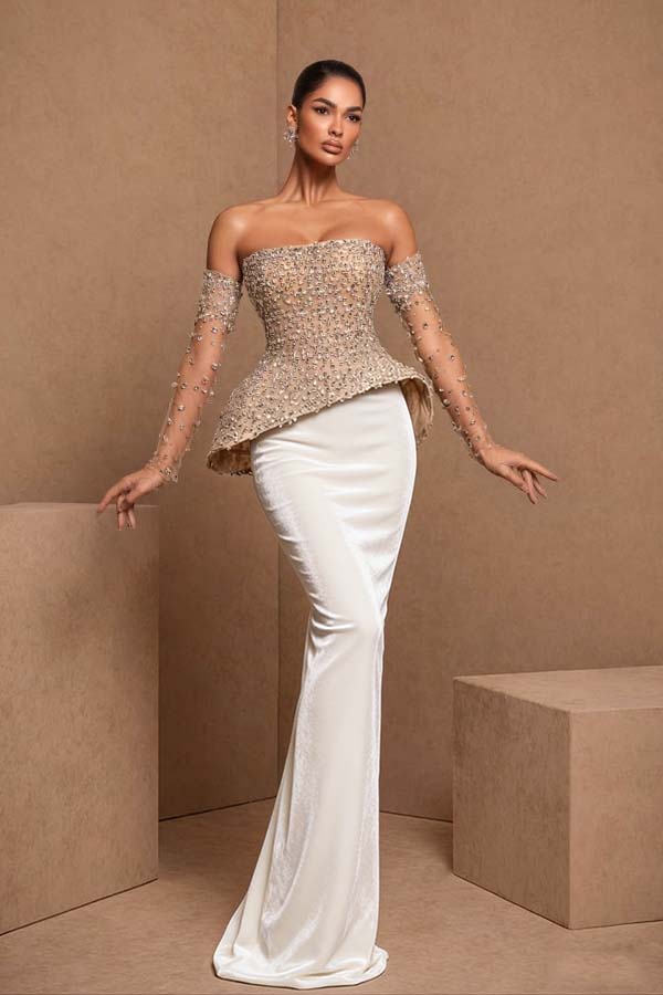 Black Sleeveless Strapless Mermaid Satin Beads Long Prom Dress With Gloves