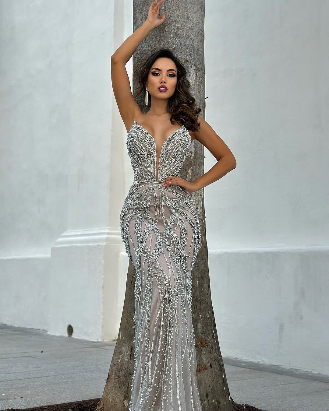 Silver Sleeveless Strapless Deep V-Neck Mermaid Prom Dress With Beads
