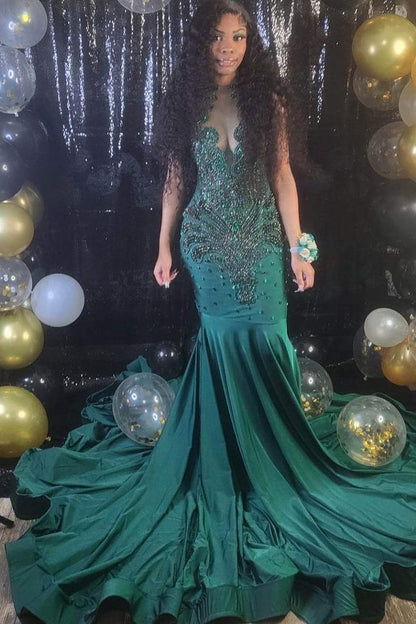 Mermaid Dark Green Sequins Prom Dress Beaded With Appliques