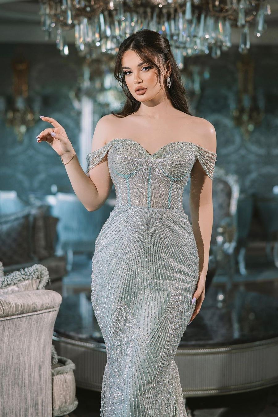 Glamorous Blue Sequins Off the Shoulder Long Mermaid Prom Dress with Beadings