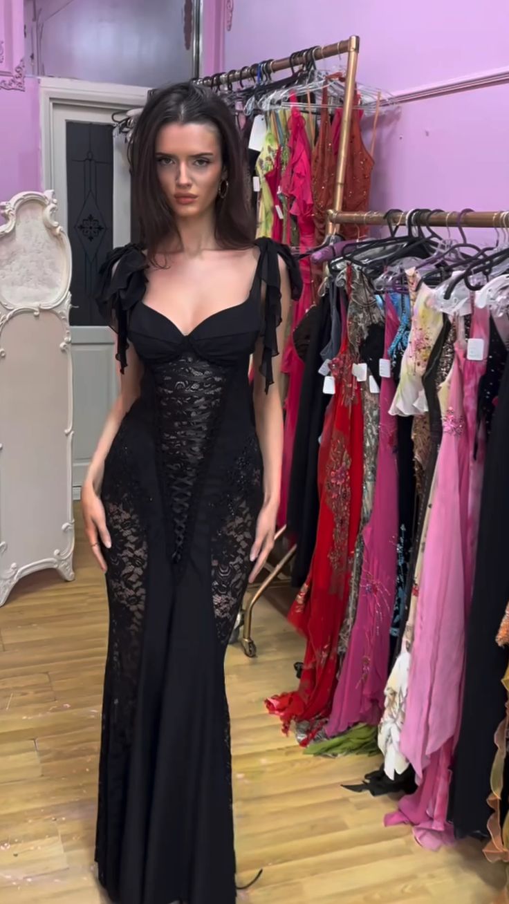 Sexy Black Mermaid Straps Lace Chiffon Long Party Dress Evening Dress Date Dress SH3464