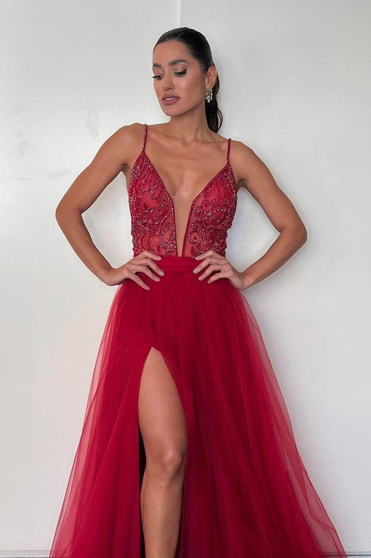 Shinning Red Tulle Sleeveless Spaghetti Strap Split Long Prom Dress with Applique
