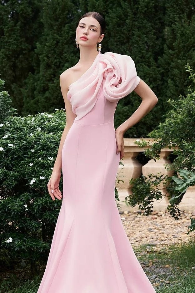 Elegant One-Shoulder Pink Mermaid Long Prom Dress With Floral Ruffle Detail