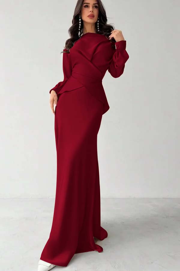 Glamorous Champagne Satin Long Sleeves Jewel Neck Slim Prom Dress