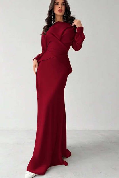 Glamorous Champagne Satin Long Sleeves Jewel Neck Slim Prom Dress