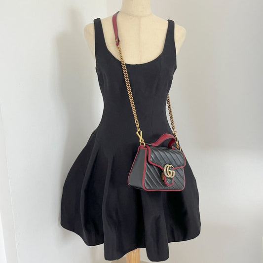 Gucci Black/Red Diagonal Quilt Leather Mini GG Marmont Bag