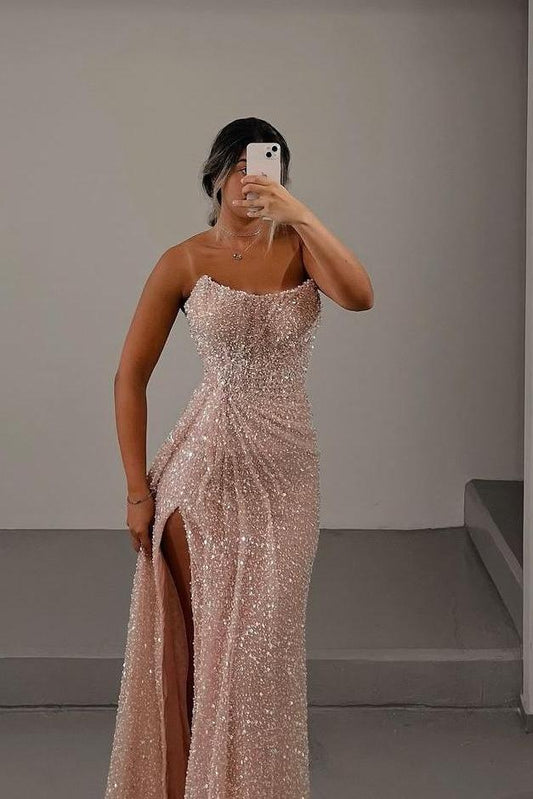 Glamorous Light Pink Sequins Strapless Sleeveless Long Prom Dress with Split