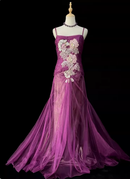 Elegant Magenta Purple Spaghetti Strap Square Neck Mermaid Embroidered Chiffon Train Prom Dress Evening Dress P4721