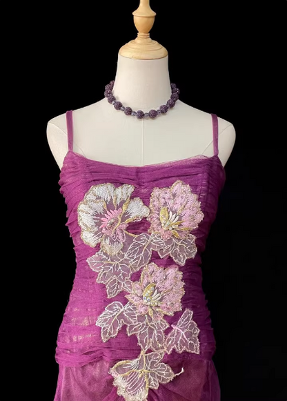 Elegant Magenta Purple Spaghetti Strap Square Neck Mermaid Embroidered Chiffon Train Prom Dress Evening Dress P4721