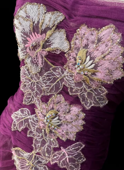 Elegant Magenta Purple Spaghetti Strap Square Neck Mermaid Embroidered Chiffon Train Prom Dress Evening Dress P4721