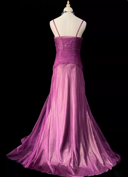 Elegant Magenta Purple Spaghetti Strap Square Neck Mermaid Embroidered Chiffon Train Prom Dress Evening Dress P4721