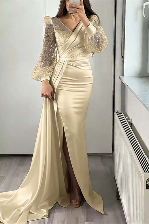V-Neck Long Sleeves Sequins Mermaid Split Evening Dress With Ruffle