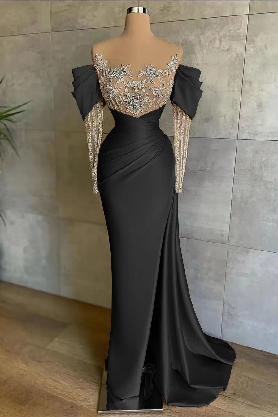 Pink Front Split Mermaid Long Sleeves Prom Dress Beadings With Appliques Off-The-Shoulder