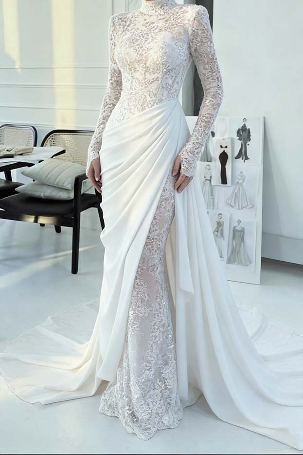 Glamorous Lace Burgundy High Neck Long Sleeves Evening Dress With Appliques