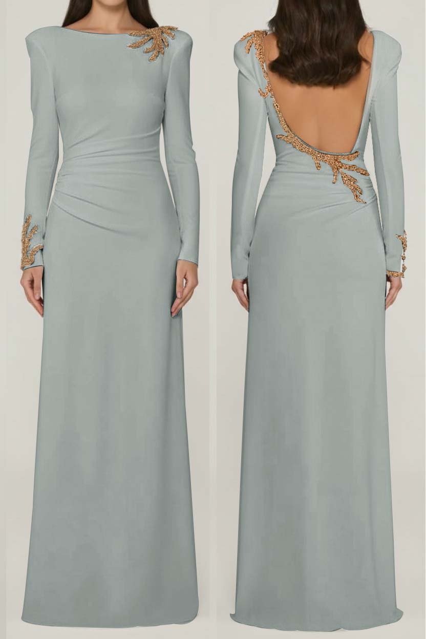 Chic Black Satin Long Sleeves Squre Neck Prom Dress with Rhinestone