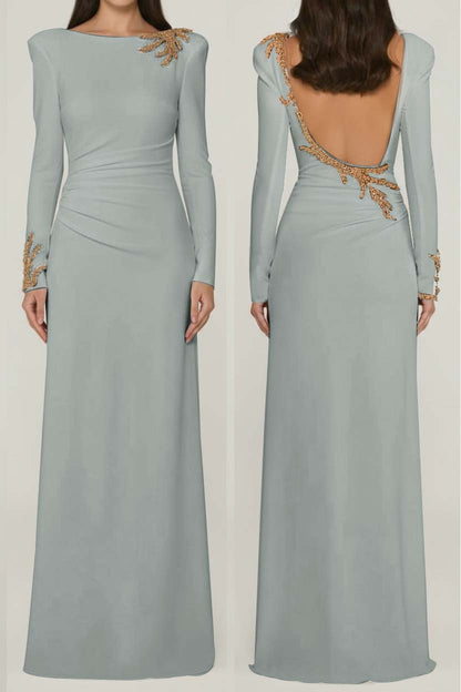 Chic Black Satin Long Sleeves Squre Neck Prom Dress with Rhinestone