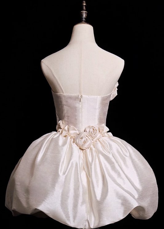 Cute A Line V Neck 3D Floral White Satin Short Homecoming Dress Birthday Dress SH4275