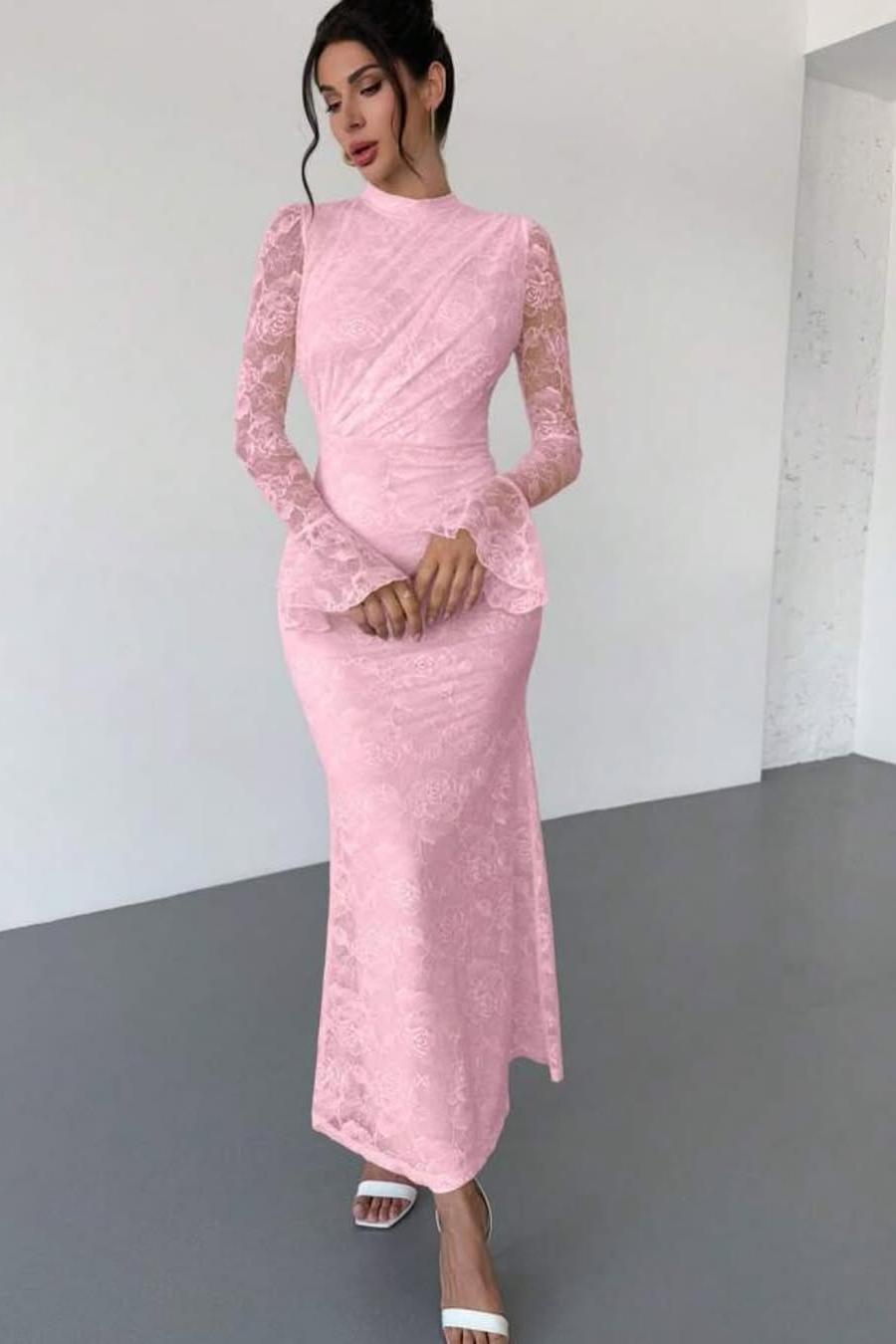 Glamorous Pink Lace Floral Half High Neck Long Sleeves Slim Prom Dress