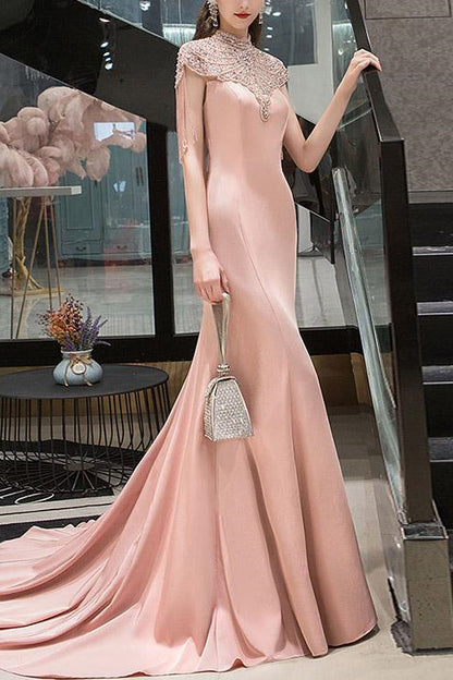 Pink Mermaid High Collar Evening Dress Tassel With Beadings On Sale