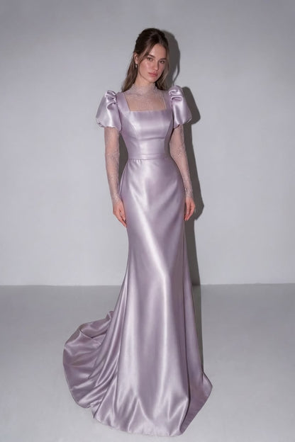 Elegant Short Sleeves Square Mermaid Long Evening Dress With Lace