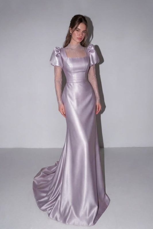 Elegant Short Sleeves Square Mermaid Long Evening Dress With Lace