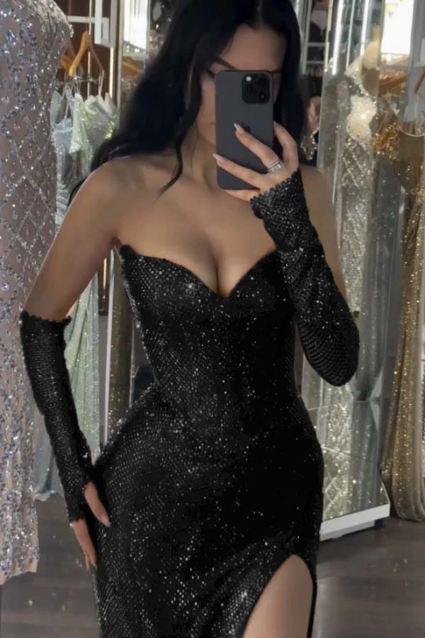 Burgundy Sleeveless Strapless Sequins Mermaid Prom Dress With Gloves