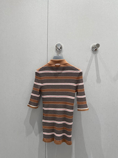 Prada 25 Striped Knitted Polo Short-sleeved Top Brown mix Black Cotton Poliamide 217945