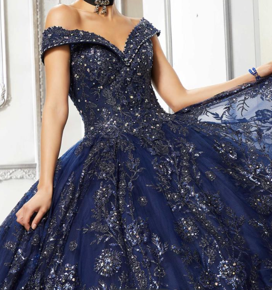 Navy Blue Ball Gown Off the Shoulder Beaded Sequin Tulle Sweet 16 Dress, Quinceanera Dress SH5126