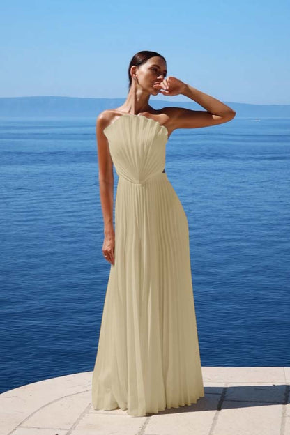 Simple White Sleeveless Strapless Long Prom Dress With Pleated