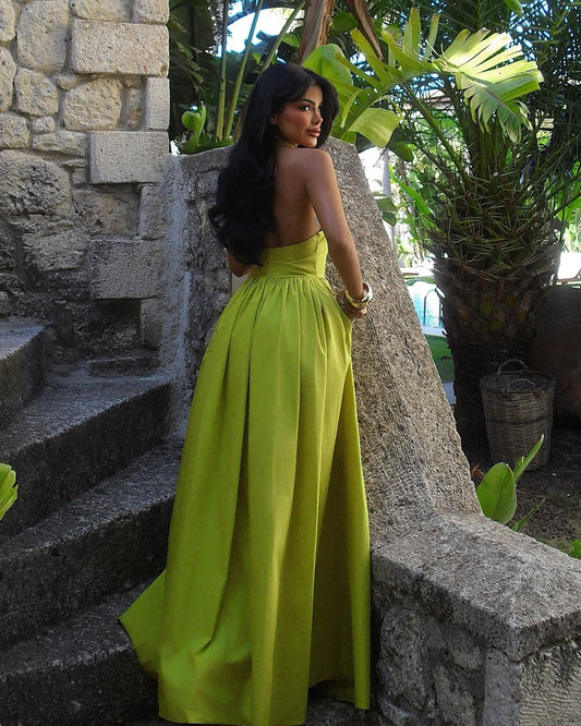 Chic Green Satin Sleeveless High Neck Long Prom Dress with Pleated