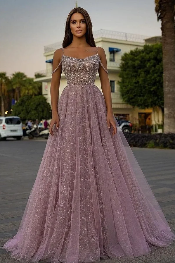 Pink Sleeveless Spaghetti Straps A-Line Beads Prom Dress